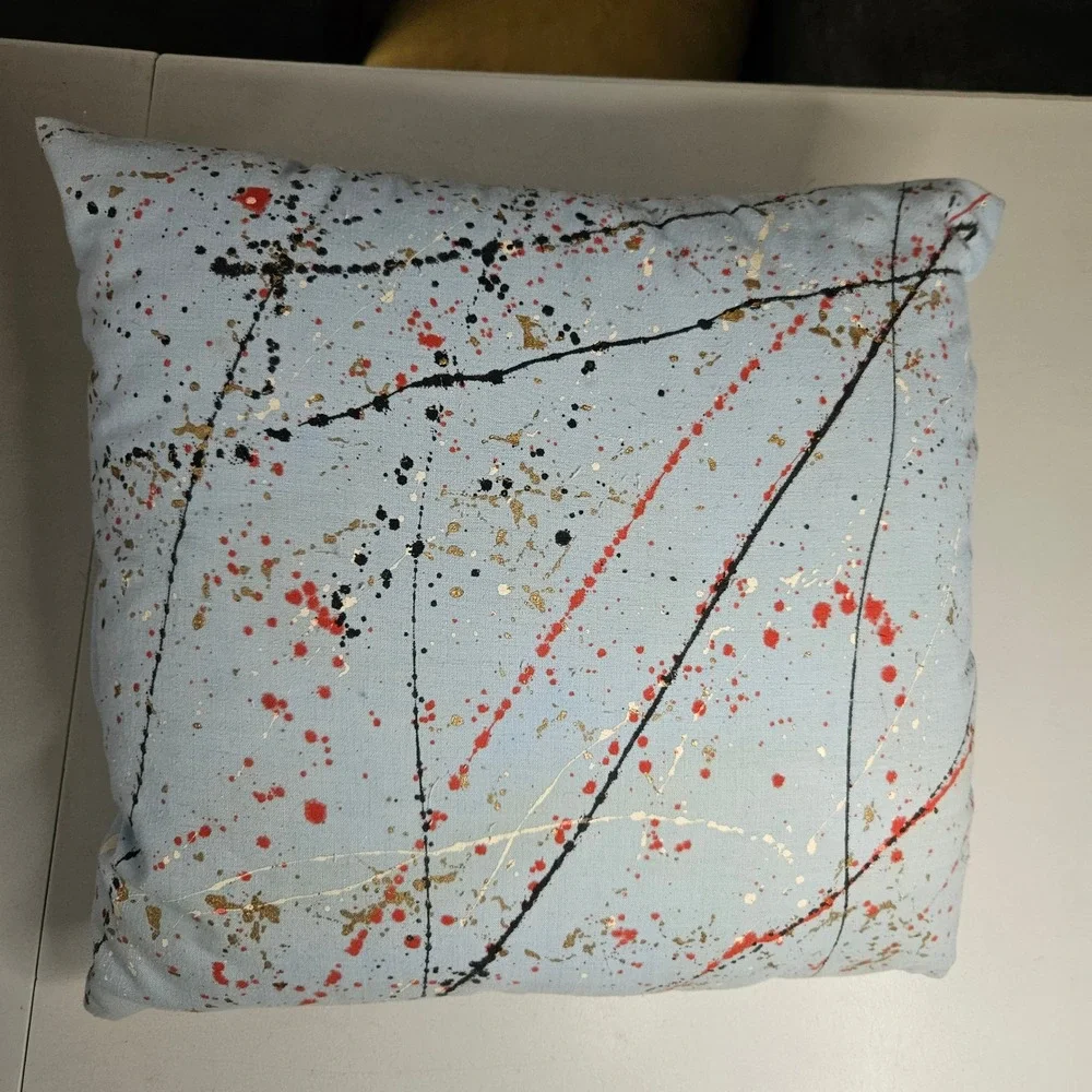 Handmade‎ Abstract Paint Splatter Throw Pillow Light Blue Rosette Accent 14x14